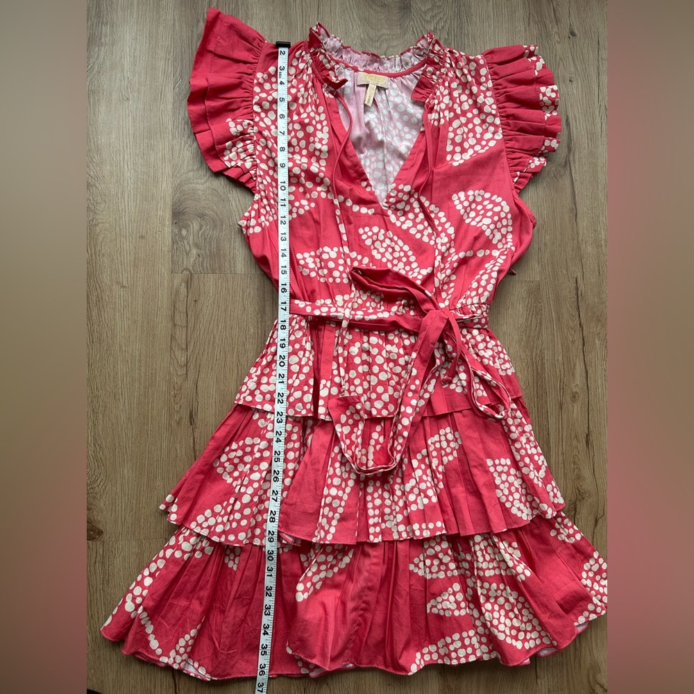 Verb Coral Tiered Ruffle Mini Dress Medium Boho Cotton Tie Waist - Picture 8 of 8